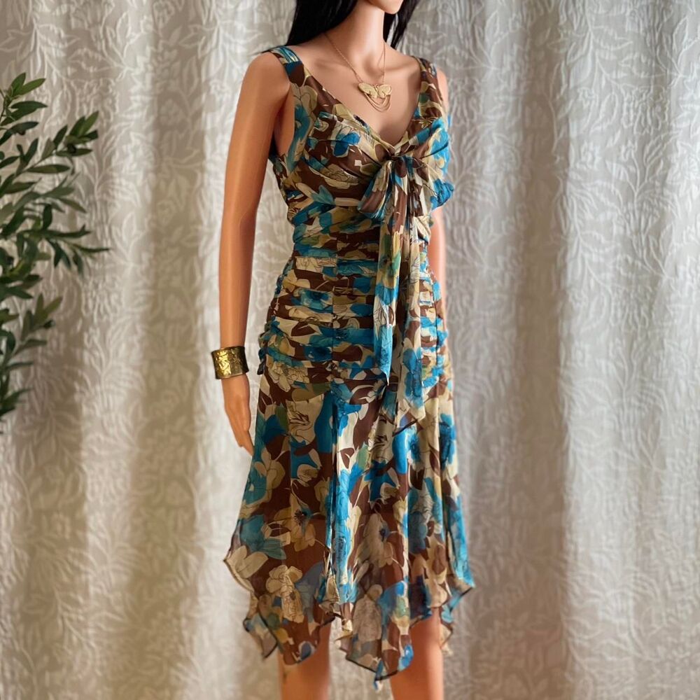 Vintage Y2K Georgiou Studio Silk Floral Dress Ruched Handkerchief Hem‎ Size 10